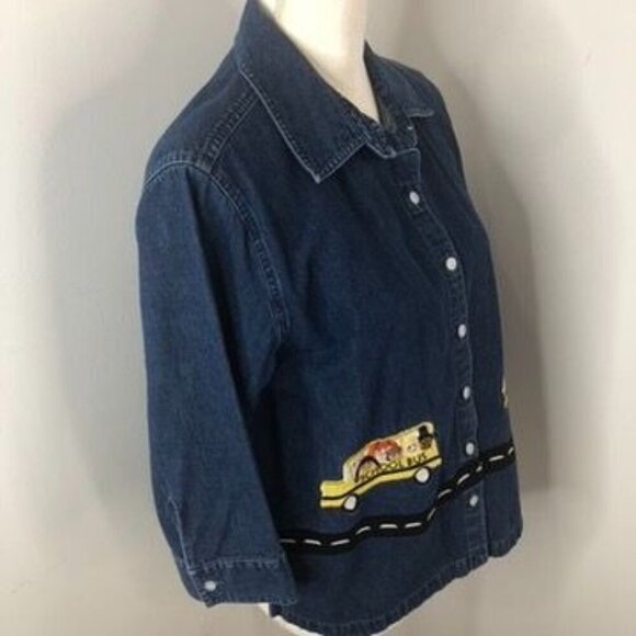 Bechamel Petites Womens Denim Button Shirt Jacket Sz PM School Bus Embroidered - Picture 3 of 12